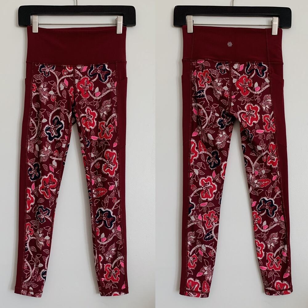 Dark Garnet Athleta Floral Affirmation Powervita 7/8 Leggings XS